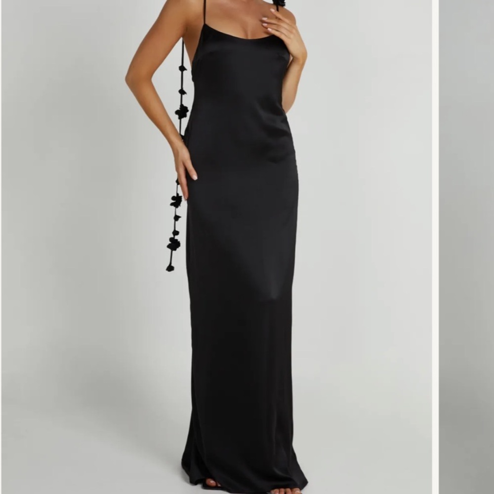 Meshki Black Ruched Maxi Dress with Slit for Cocktail